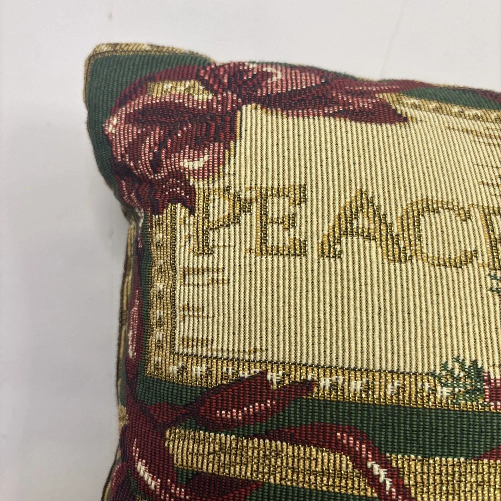 Vintage Christmas Tapestry Throw Accent Pillow Gold Green Back 15x11
